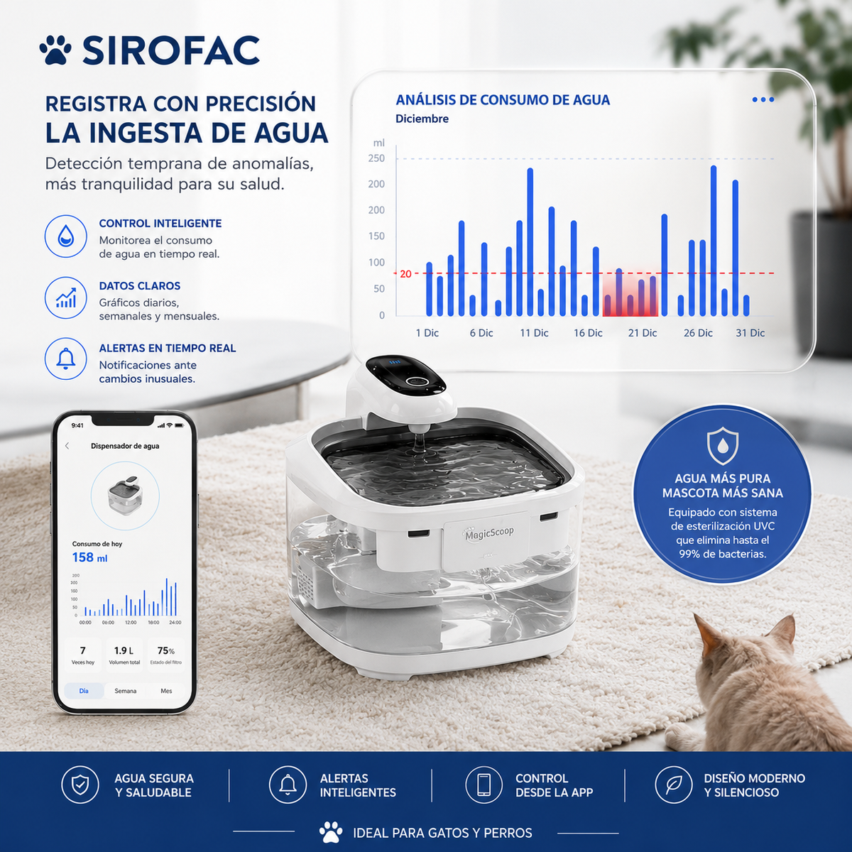 PureFlow Fuente de Agua Inteligente para Mascotas - Fuente con Filtro para Perros y Gatos